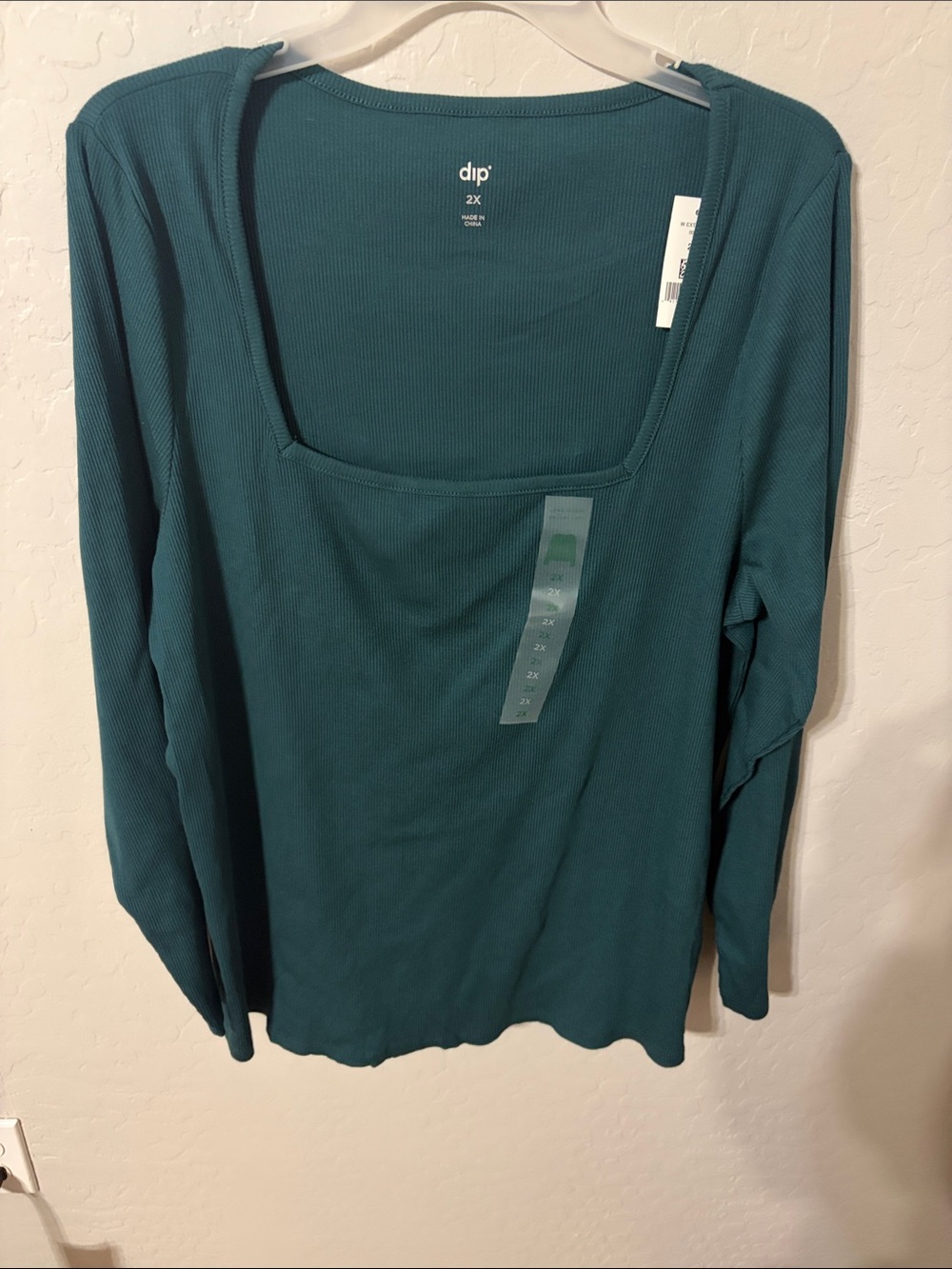 dip Teal Square-Neck Ribbed Long-Sleeve Top